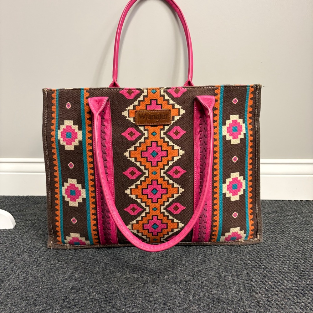 Wrangler Southwestern Canvas Tote Bag Pink Brown Geometric Western Large
